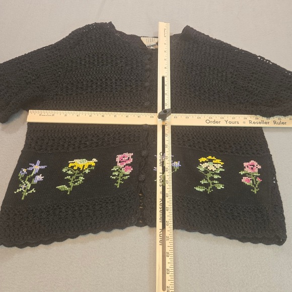 Teddi Vintage Black Crochet Knit Floral Cross Stitch Cardigan Sweater XL - Picture 5 of 5